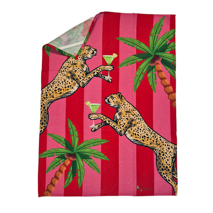 Cocktail Cheetah Red & Pink Striped 100% Linen Tea Towel
