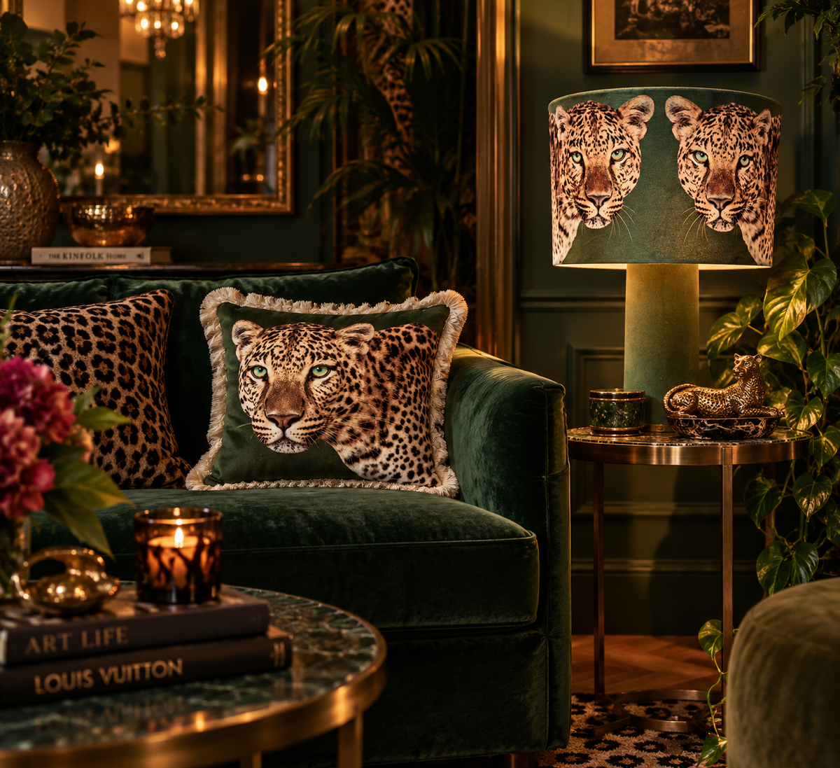 Leopard Lounge Fringed Cushion Olive