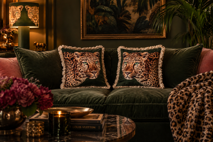 Leopard Lounge Fringed Cushion Olive