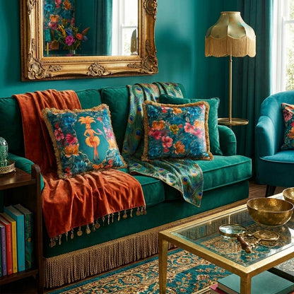 Lulu LaRue Floral Fringed Cushion Teal