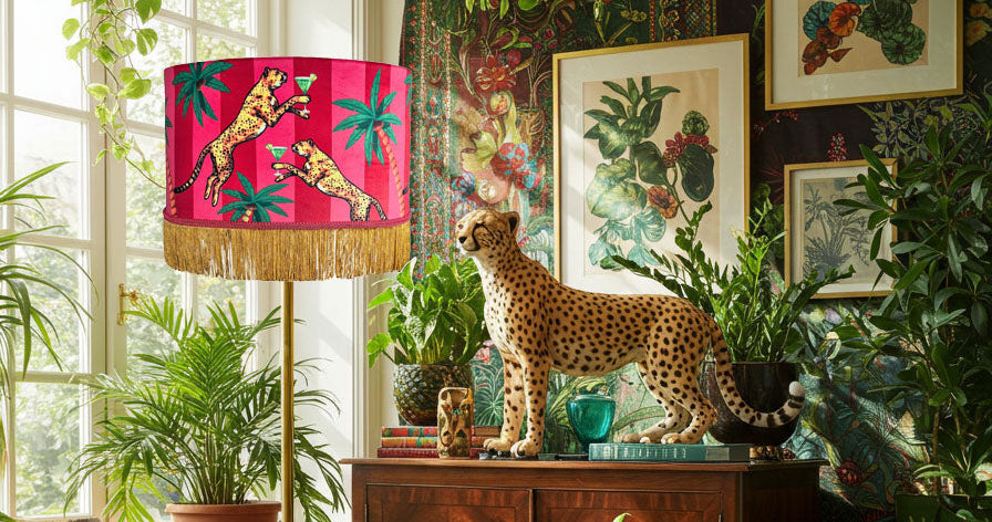 Cocktail Cheetah Tassel Velvet Drum Lampshade Pink and Red Stripe