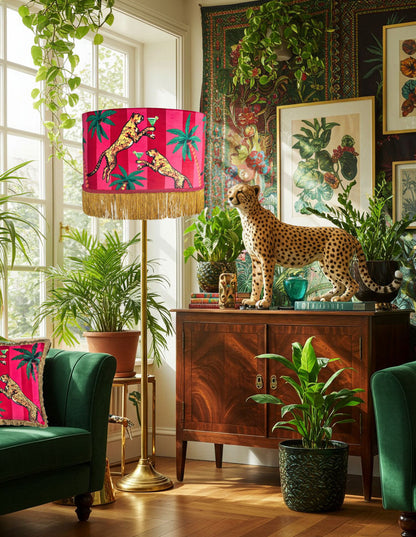 Cocktail Cheetah Tassel Velvet Drum Lampshade Pink and Red Stripe