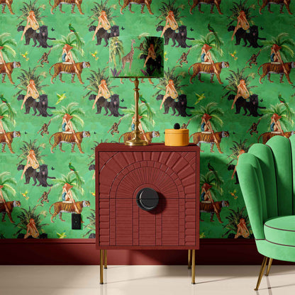 Jungle Walk Green Vintage Wallpaper
