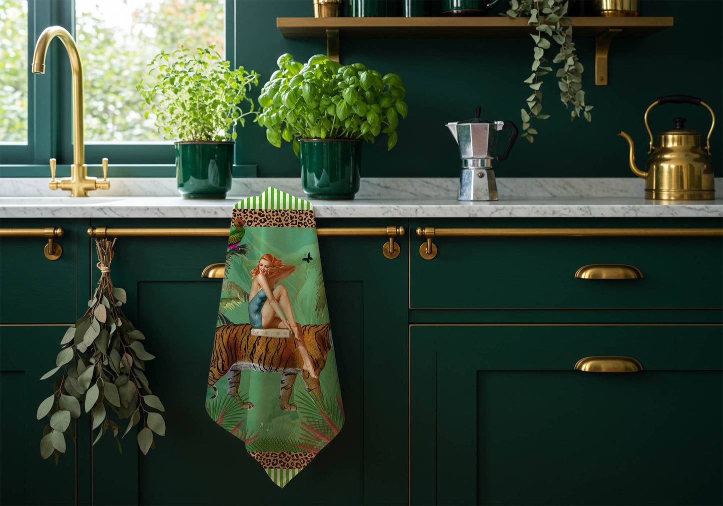 Jungle Walk Green Wild Retro Glamour 100% Linen Tea Towel