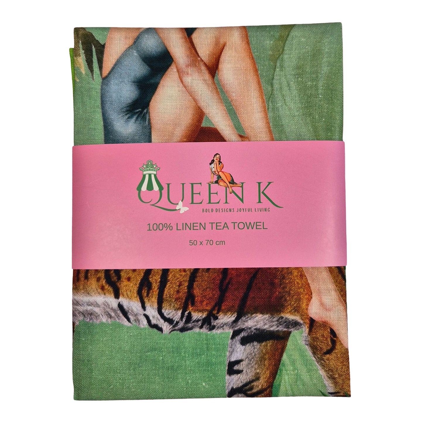 Jungle Walk Green Wild Retro Glamour 100% Linen Tea Towel