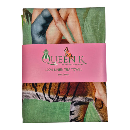 Jungle Walk Green Wild Retro Glamour 100% Linen Tea Towel