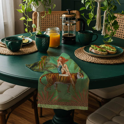 Jungle Walk Green Wild Retro Glamour 100% Linen Tea Towel