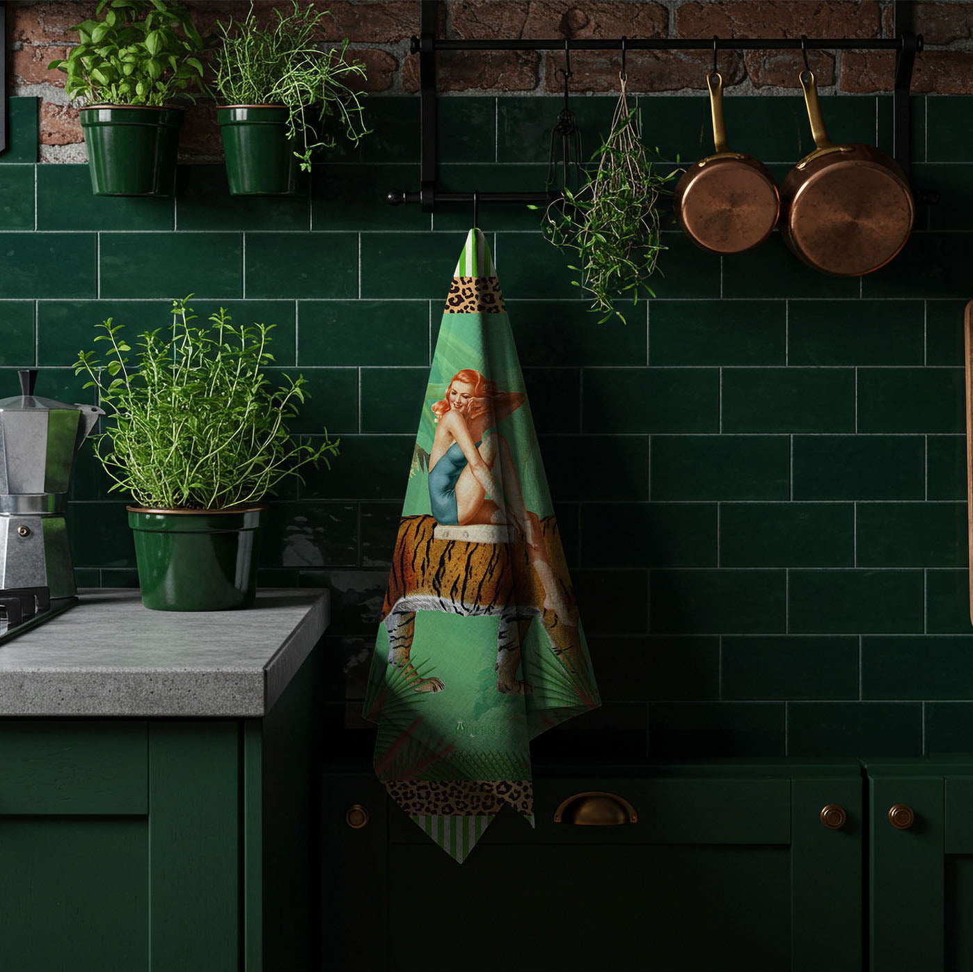 Jungle Walk Green Wild Retro Glamour 100% Linen Tea Towel
