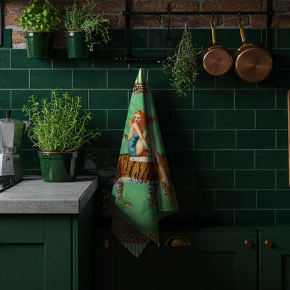 Jungle Walk Green Wild Retro Glamour 100% Linen Tea Towel