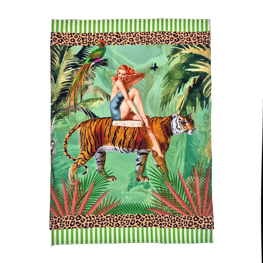 Jungle Walk Green Wild Retro Glamour 100% Linen Tea Towel