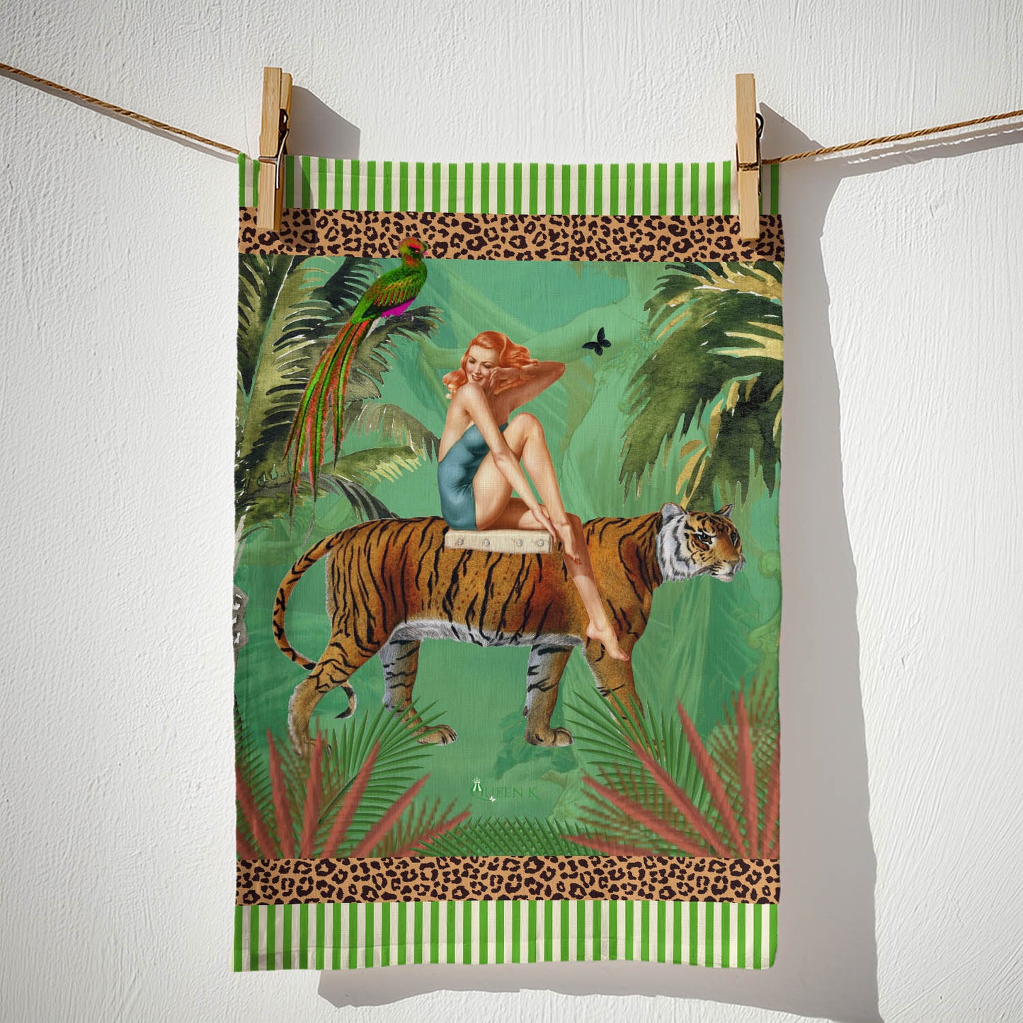 Jungle Walk Green Wild Retro Glamour 100% Linen Tea Towel