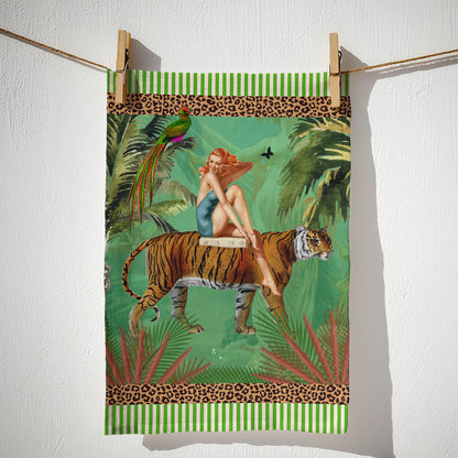 Jungle Walk Green Wild Retro Glamour 100% Linen Tea Towel