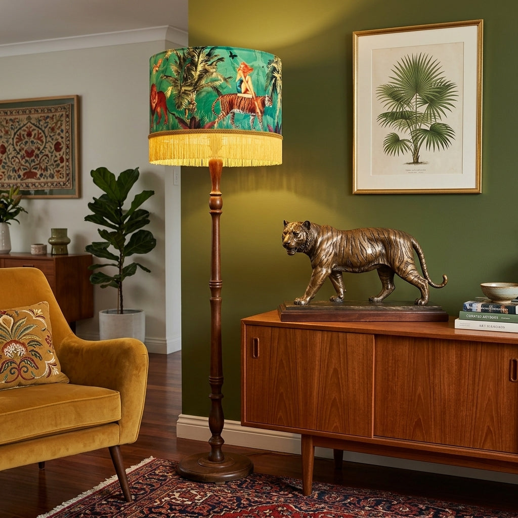 Queen K Jungle Walk Green Tassel Fringed Drum Lampshade