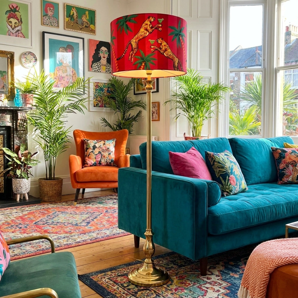 Queen K Cocktail Cheetah Velvet Drum Lampshade Pink and Red Stripe