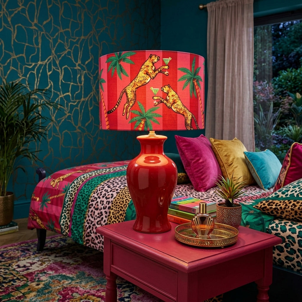 Queen K Cocktail Cheetah Velvet Drum Lampshade Pink and Red Stripe