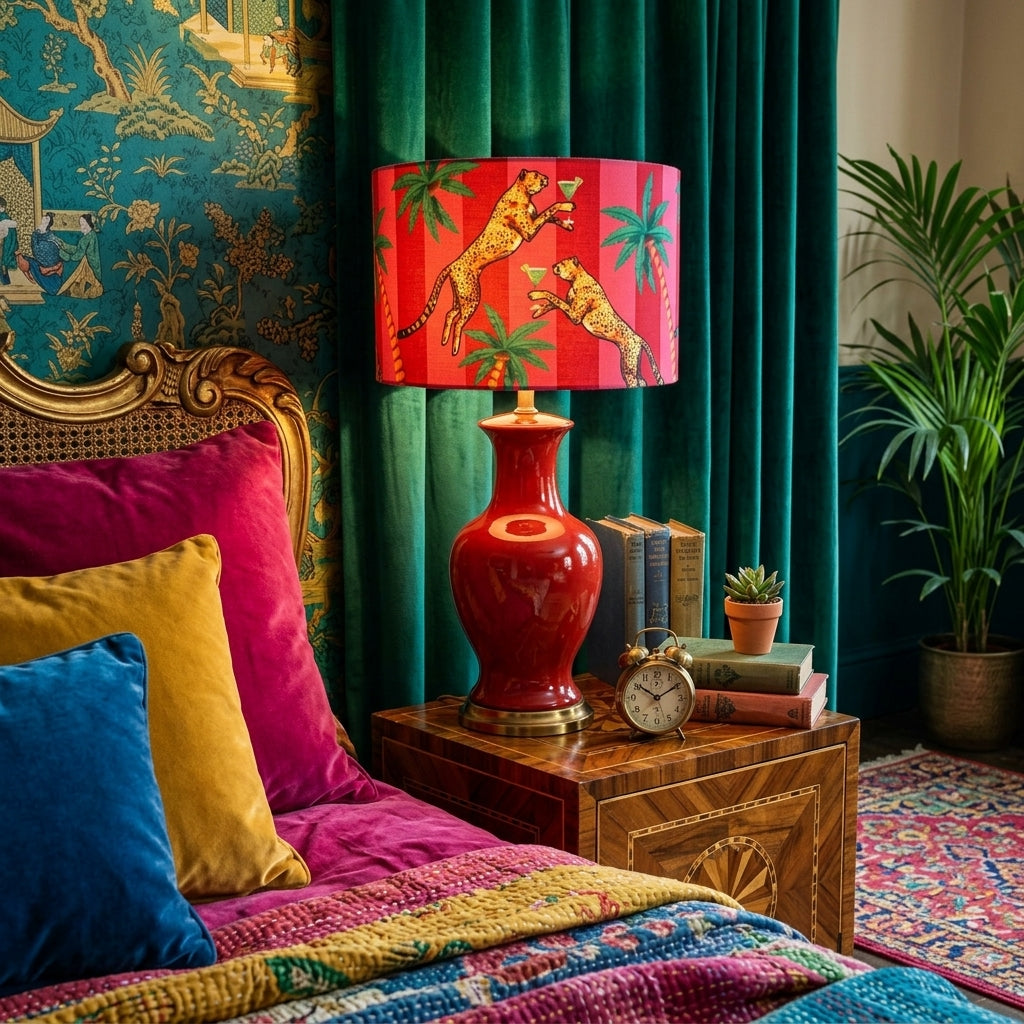 Queen K Cocktail Cheetah Velvet Drum Lampshade Pink and Red Stripe