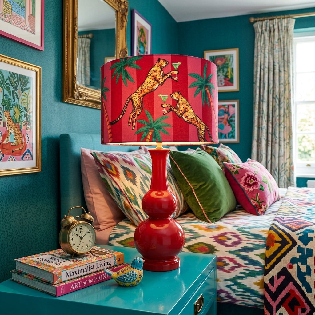 Queen K Cocktail Cheetah Velvet Drum Lampshade Pink and Red Stripe