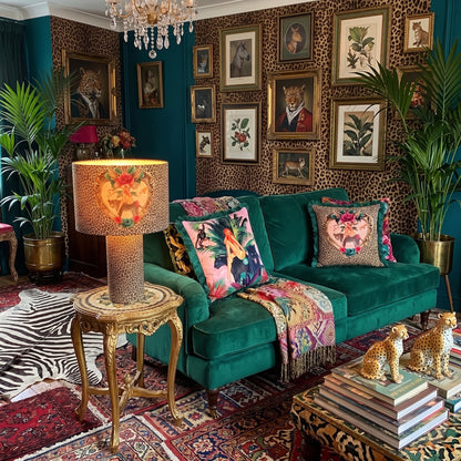 A styled interior scene featuring a teal velvet sofa with colorful patterned pillows and a fringed throw, set against a leopard-print wall with framed portraits and botanical prints. A matching leopard-print tablecloth and decorative props are visible in the room.