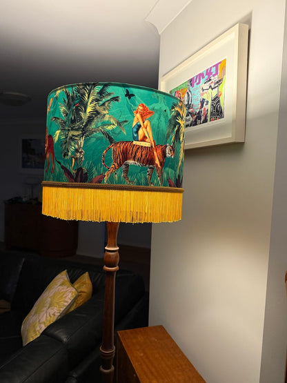 Queen K Jungle Walk Green Tassel Fringed Drum Lampshade
