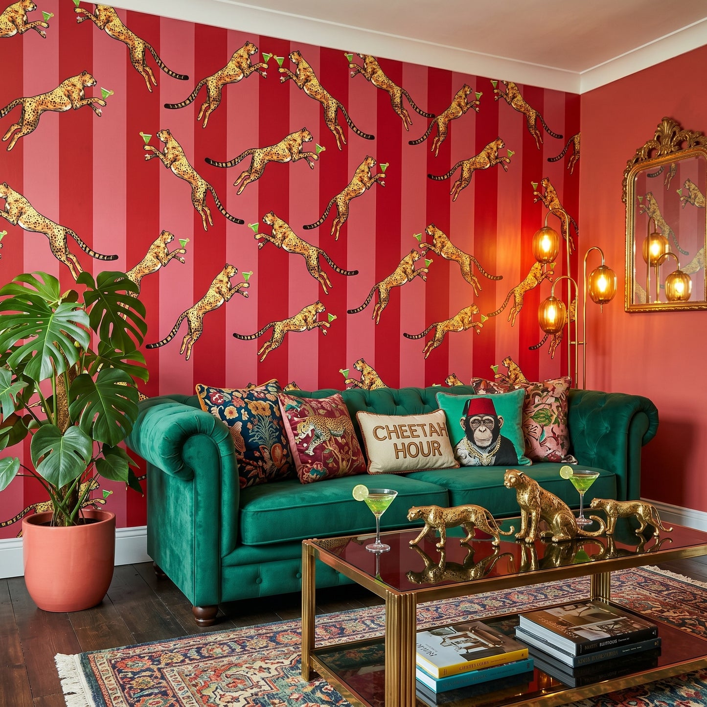 Cocktail Cheetah Red & Pink Striped Wallpaper