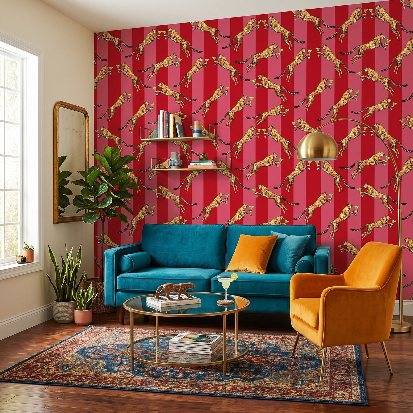 Cocktail Cheetah Red & Pink Striped Wallpaper
