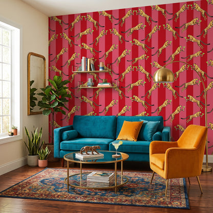 Cocktail Cheetah Red & Pink Striped Wallpaper