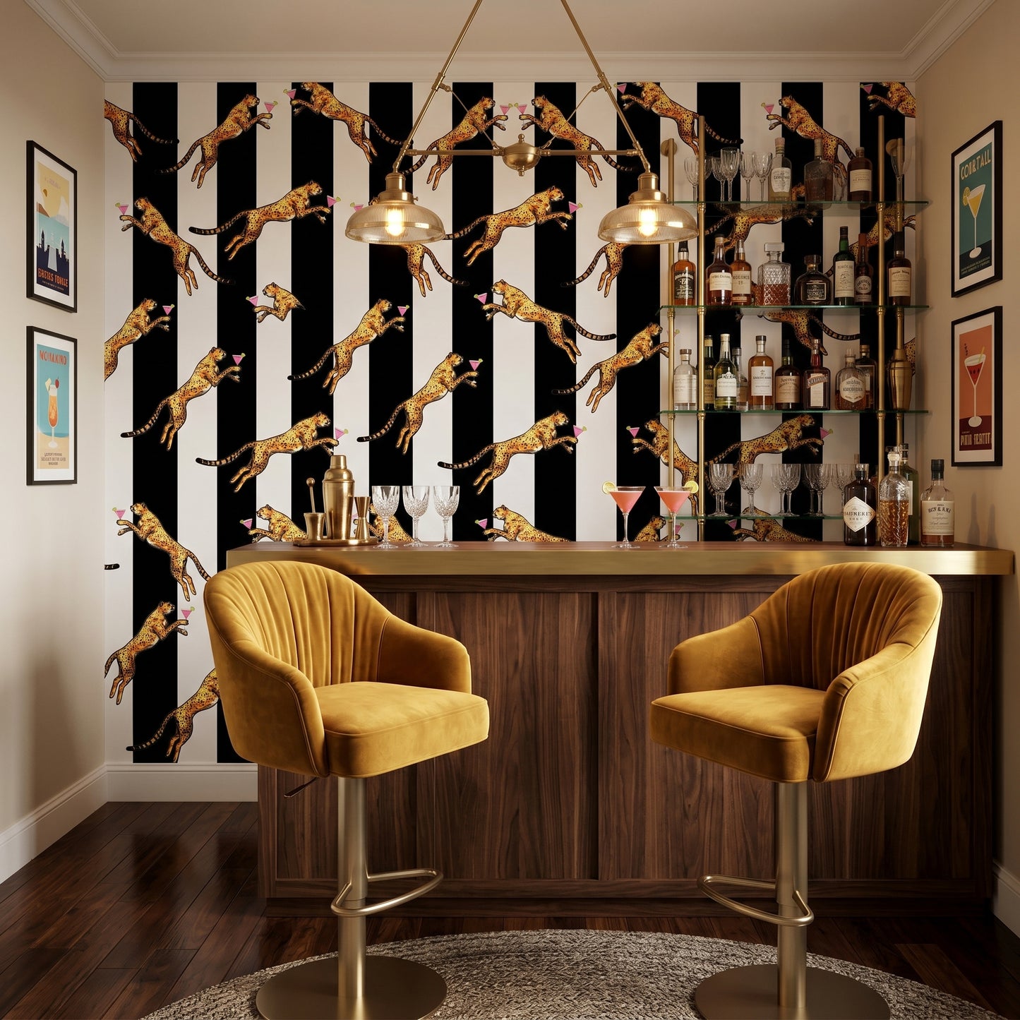 Cocktail Cheetah Striped Black & White Wallpaper