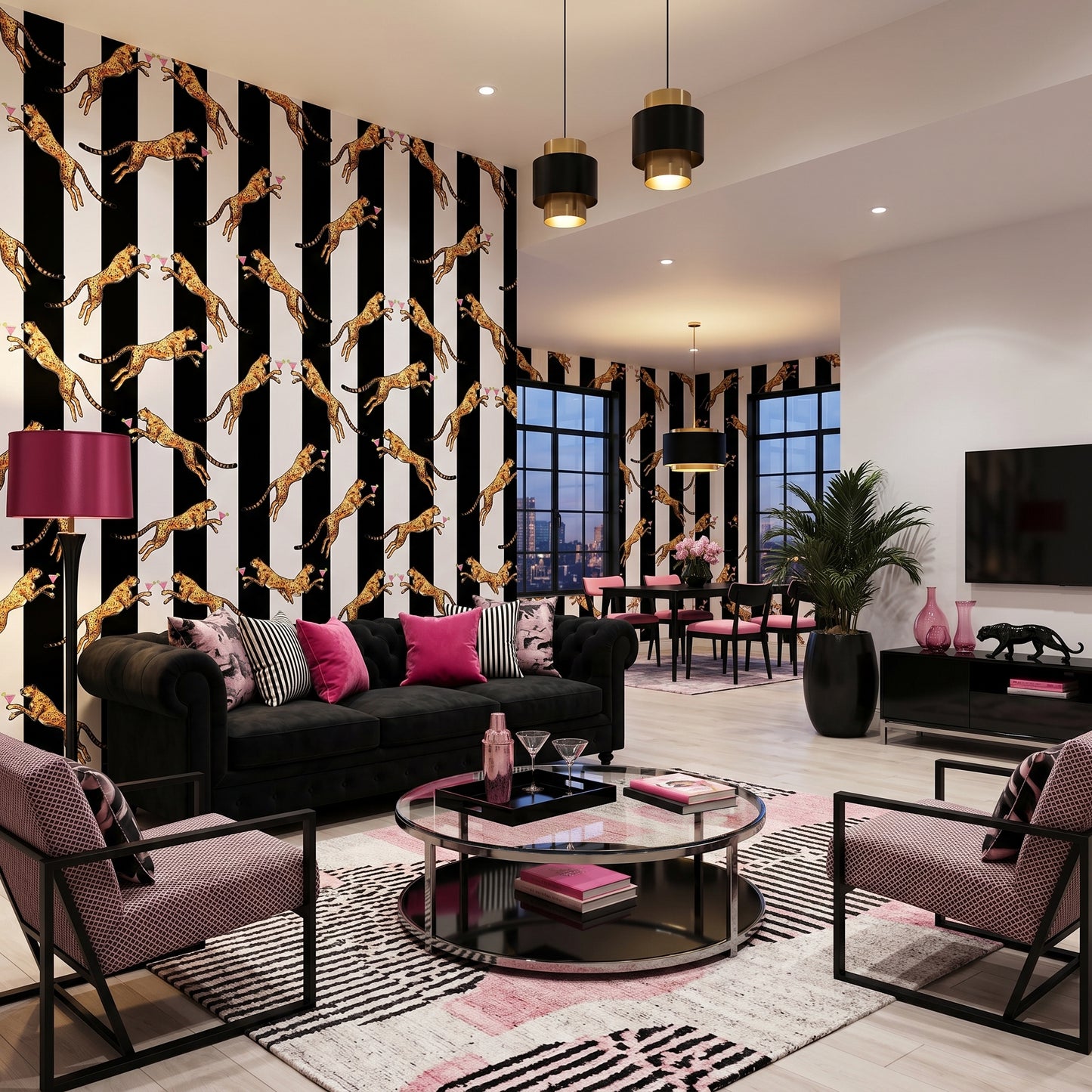 Cocktail Cheetah Striped Black & White Wallpaper