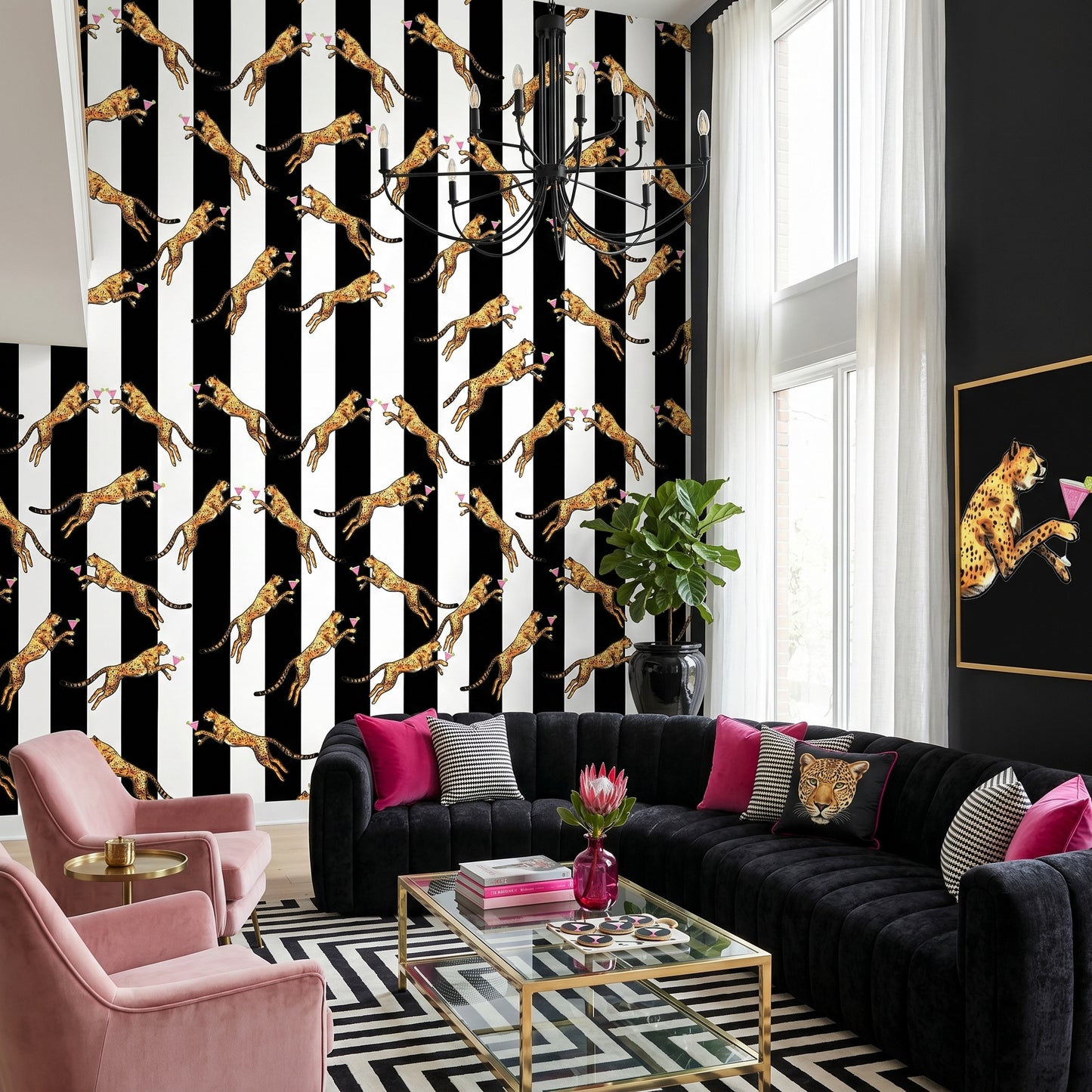 Cocktail Cheetah Striped Black & White Wallpaper
