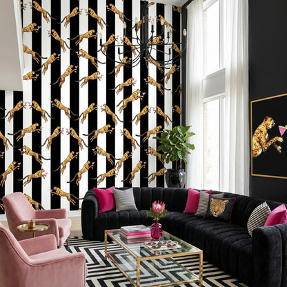 Cocktail Cheetah Striped Black & White Wallpaper