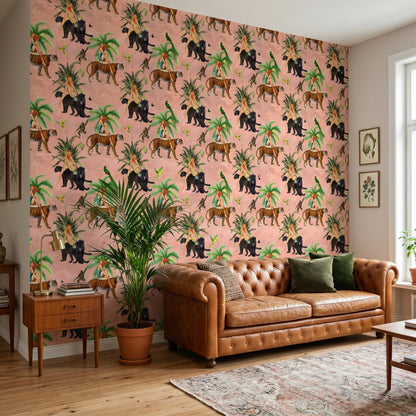 Jungle Walk Pink Vintage Wallpaper