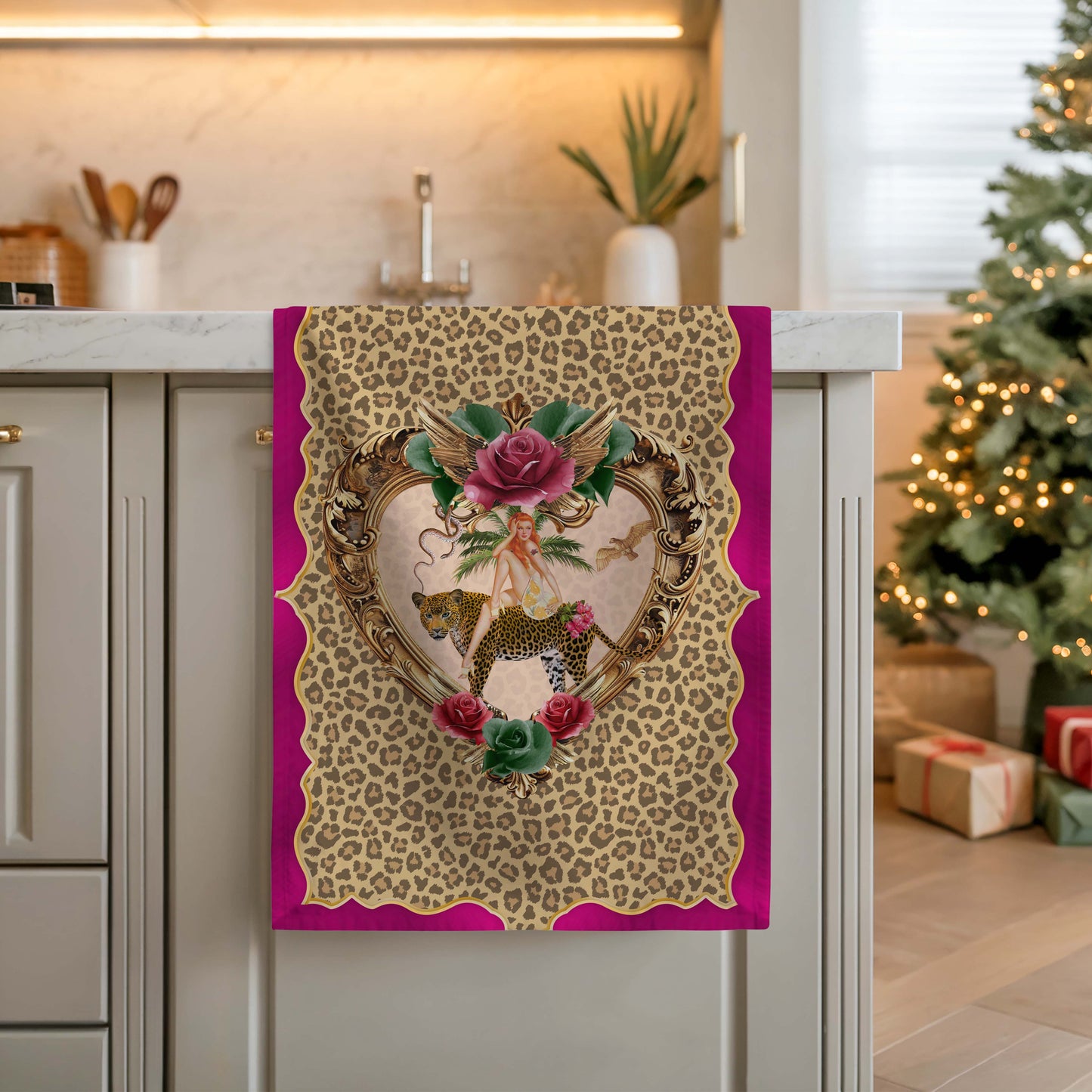 Tiger Rose Leopard Linen Tea Towel