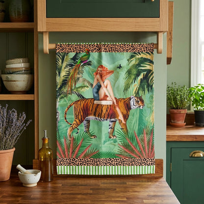 Jungle Walk Green Wild Retro Glamour 100% Linen Tea Towel