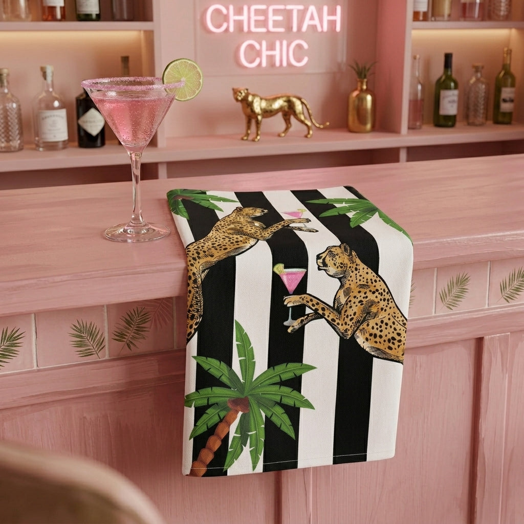 Cocktail Cheetah Black & White Striped 100% Linen Tea Towel