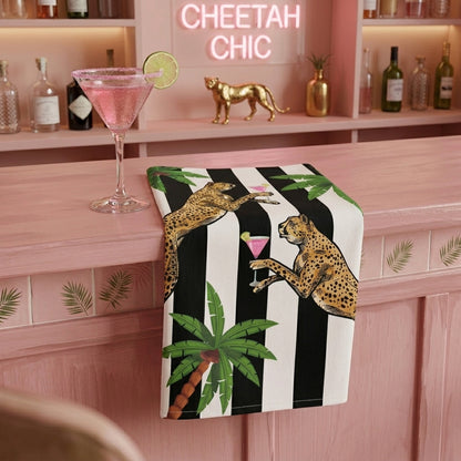 Cocktail Cheetah Black & White Striped 100% Linen Tea Towel