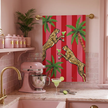 Cocktail Cheetah Red & Pink Striped 100% Linen Tea Towel