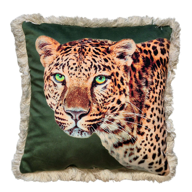 Leopard Lounge Fringed Cushion Olive