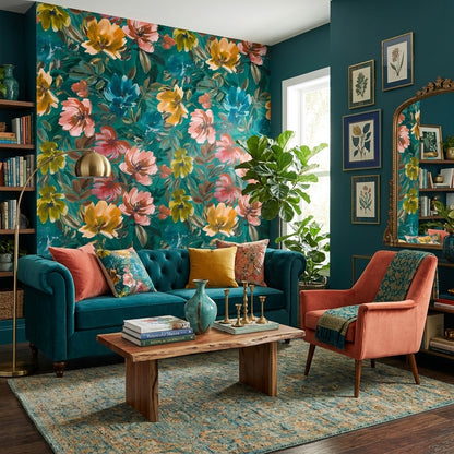 Lulu Larue Floral Wallpaper | Bold Teal Statement Wallpaper