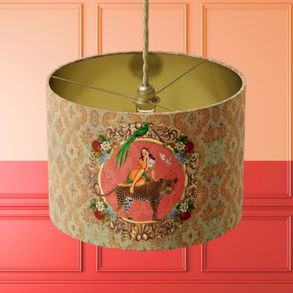 Alice Vintage Drum Lampshade by Queen K with ornate design featuring a woman, leopard, and bird