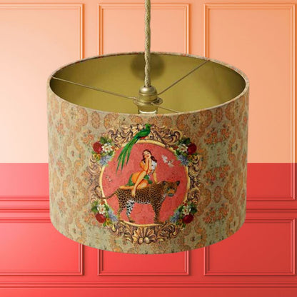 Alice Vintage Drum Lampshade by Queen K with ornate design featuring a woman, leopard, and bird
