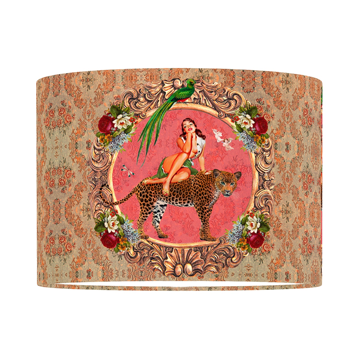 Queen K Alice Vintage Drum Lampshade with colorful vintage art of woman, leopard, bird, and floral frame