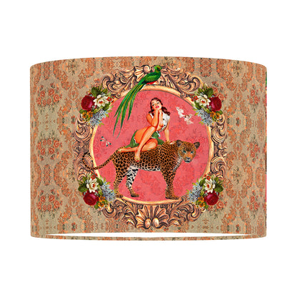 Queen K Alice Vintage Drum Lampshade with colorful vintage art of woman, leopard, bird, and floral frame