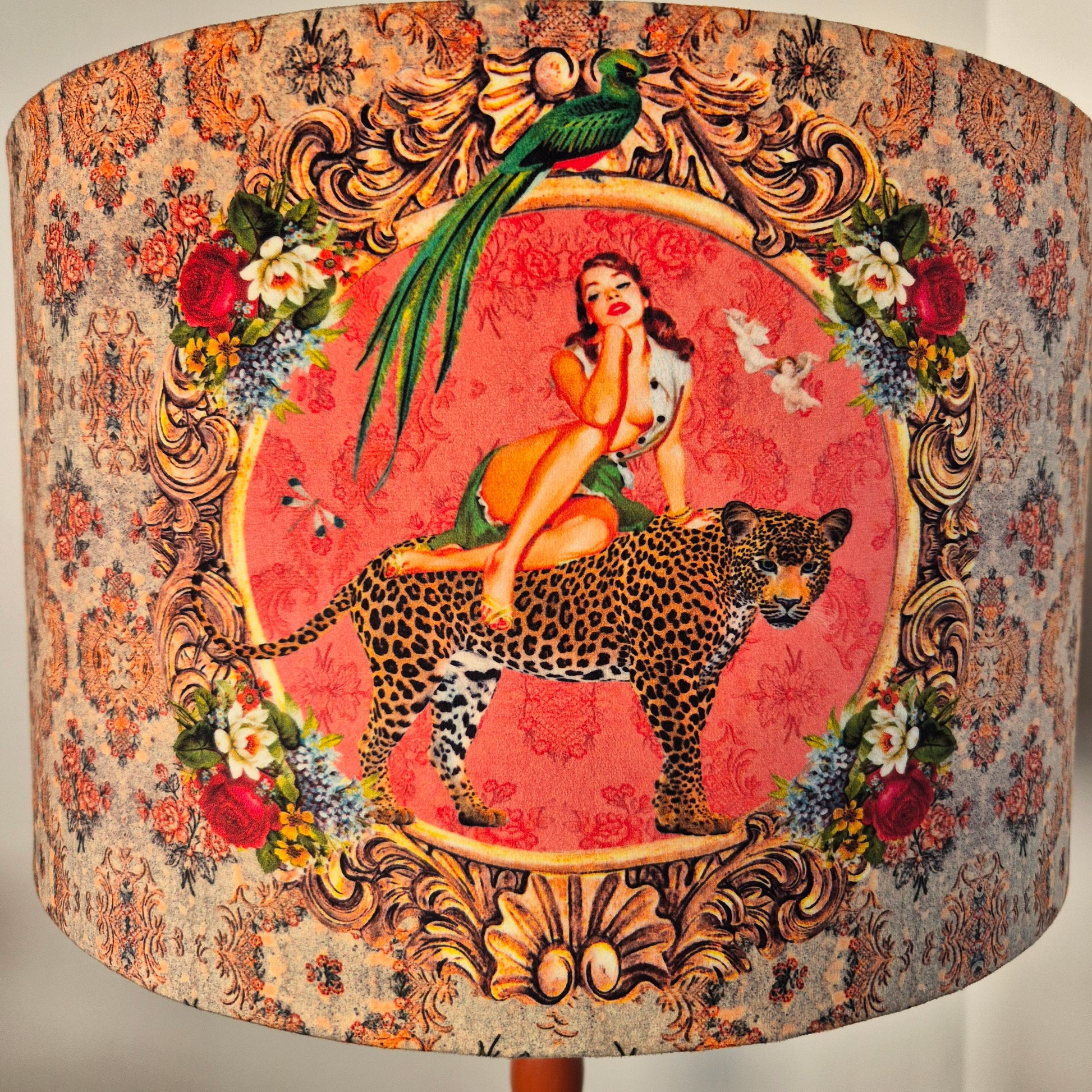 Alice Vintage Drum Lampshade by Queen K featuring woman on leopard and colorful floral design