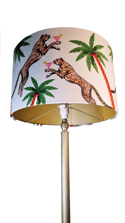 Queen K Cocktail Cheetah Drum Lampshade  with leaping cheetahs and palm tree design