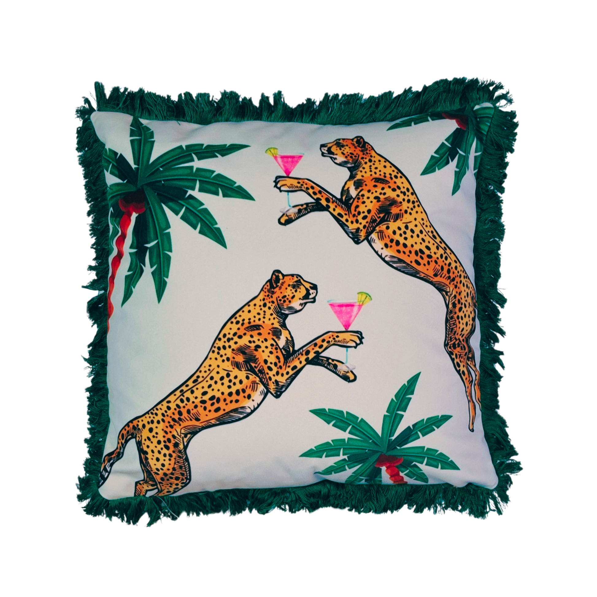 Queen K Cocktail Cheetah Velvet Cushion Ice Dream with green fringe and cheetah design holding pink cocktails
