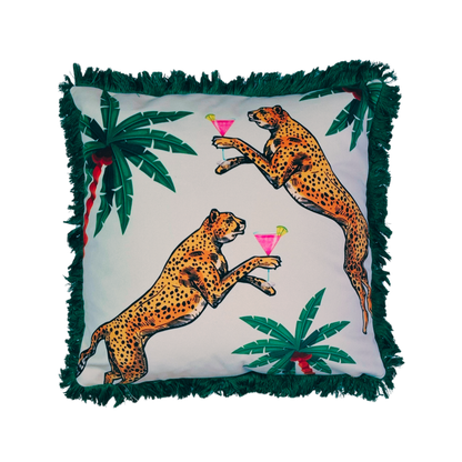 Queen K Cocktail Cheetah Velvet Cushion Ice Dream with green fringe and cheetah design holding pink cocktails