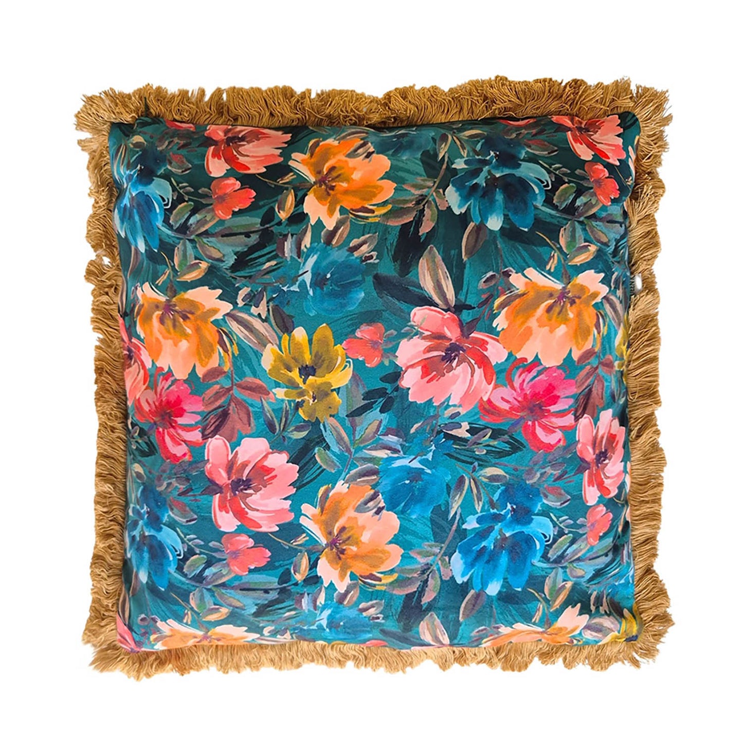Lulu LaRue Floral Fringed Cushion Teal