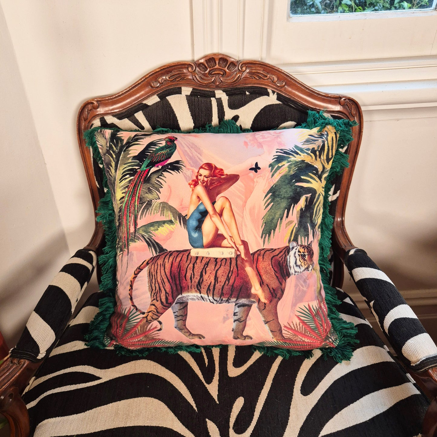 Queen K handmade jungle print cushion with tiger and woman design on vintage zebra print  wooden chair