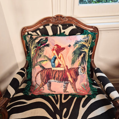Queen K handmade jungle print cushion with tiger and woman design on vintage zebra print  wooden chair