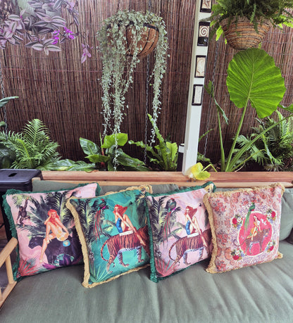 Queen K handmade jungle print cushion set featuring vibrant jungle and animal designs with tropical colors